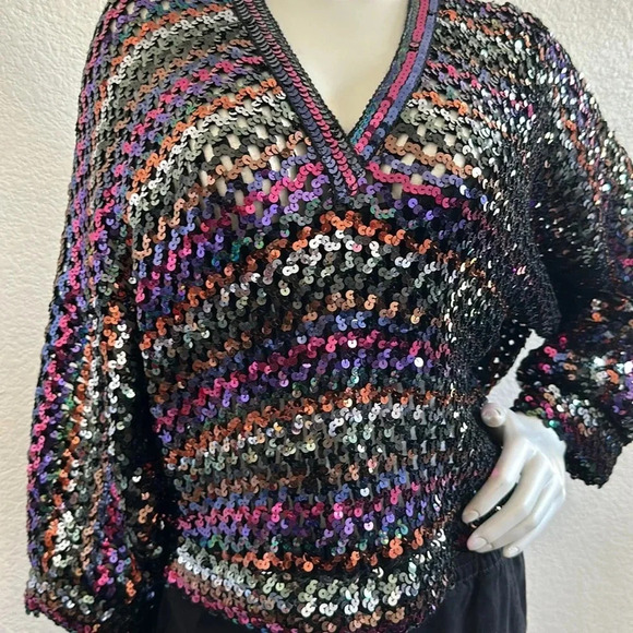 Vintage 70s Harry Acton for party collectibles Woven Black Sequin Blouse… - Picture 7 of 7